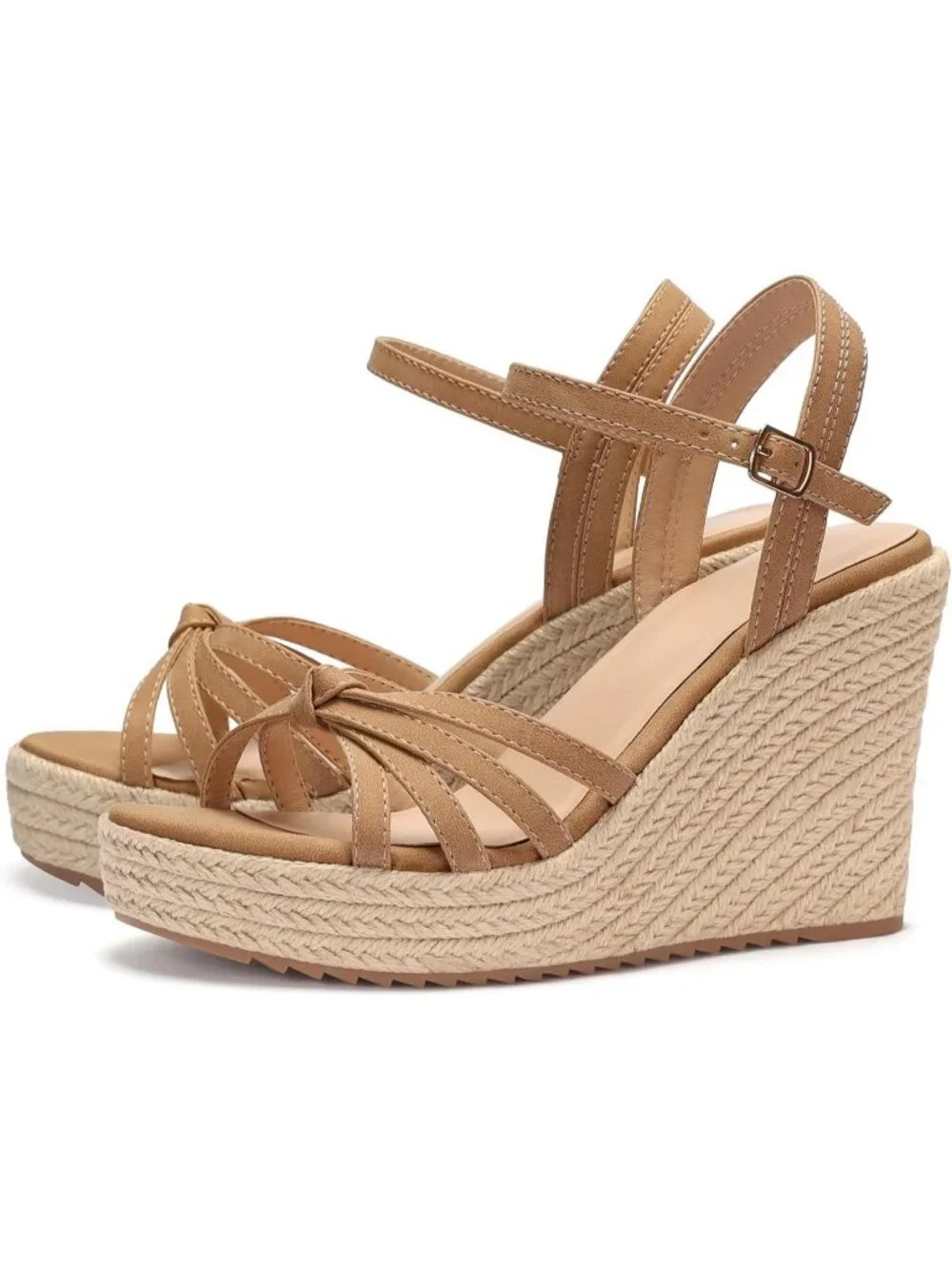 Women's Tan Matte Espadrille Platform Wedge Sandals Open Toe Ankle Strap Heels